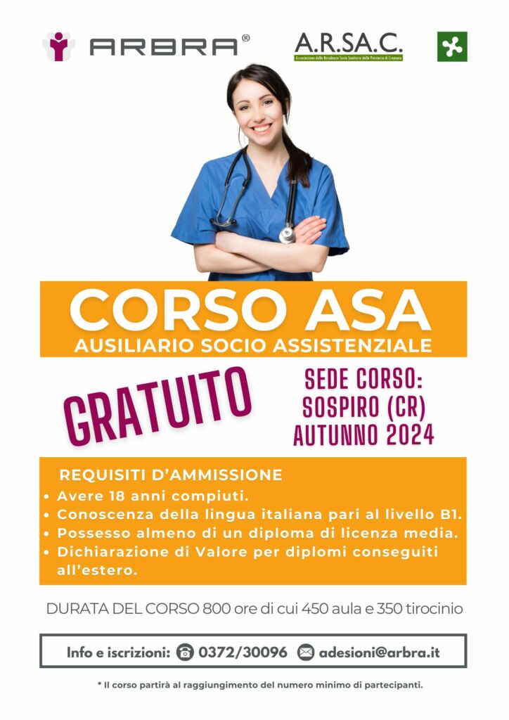 L’Ausiliario Socio Assistenziale (A.S.A.) presta assistenza a persone anziane, malate e/o disabili e può lavorare all’interno di Case di riposo, Centri per disabili ed anziani, Comunità per minori, Centri di servizio assistenza domiciliare e Istituti di Riabilitazione. I docenti che formeranno i nuovi operatori sono altamente qualificati per insegnare le nozioni teoriche e pratiche fondamentali per strutturare le basi di un operatore competente. Verrà insegnato ai futuri operatori come assistere al meglio i pazienti.Il Corso per ottenere la qualifica di 