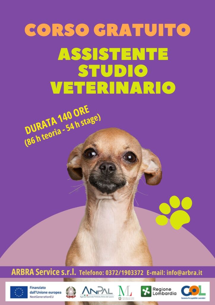 ID 1020 - Offerta “Formazione mirata all’inserimento lavorativo”
Il corso è volto a formare figure di supporto nella gestione e nell’organizzazione dell’ambulatorio e/o clinica veterinaria. I discenti svilupperanno competenze tecniche relative alla cura e al benessere degli animali da compagnia e competenze organizzative-amministrative. Il corso è rivolto a tutti coloro che vorrebbero lavorare in ambulatori/cliniche veterinarie, pensioni per animali, canili e/o gattili, strutture di recupero e riabilitazione, allevamenti, pet-shop.
L’offerta rientra nel Percorso Occupabilità Lavoratori (GOL) ed è gratuito, rivolto a candidati disoccupati, residenti o domiciliati in Regione Lombardia.